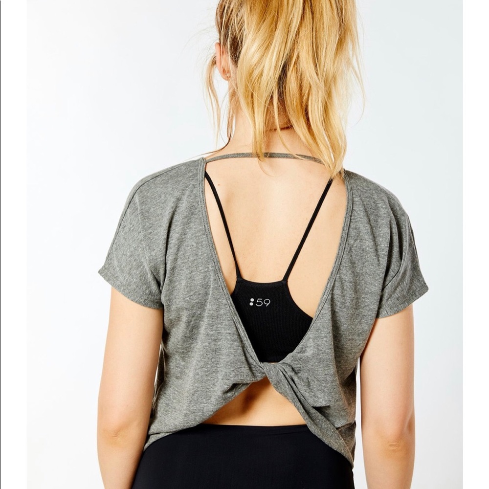 Gray Open-Back Twist Tee with Black Sports Bra